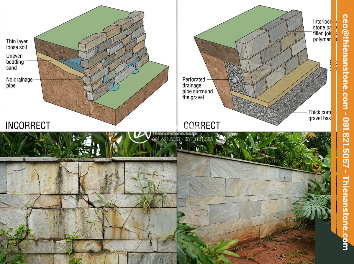 Top 7 lỗi thường gặp khi thi công ghép mòi đá và cách khắc phục triệt để - Hình 2 Top 7 lỗi thường gặp khi thi công ghép mòi đá và cách khắc phục triệt để - Detailed cross-section diagram and real-life photo comparison showing correct ve