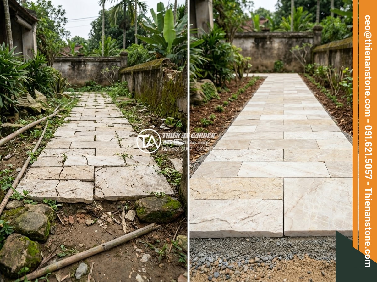Top 7 lỗi thường gặp khi thi công ghép mòi đá và cách khắc phục triệt để - Hình 4 Top 7 lỗi thường gặp khi thi công ghép mòi đá và cách khắc phục triệt để - Before-and-after comparison images of a failed ghép mòi đá path due to poor base