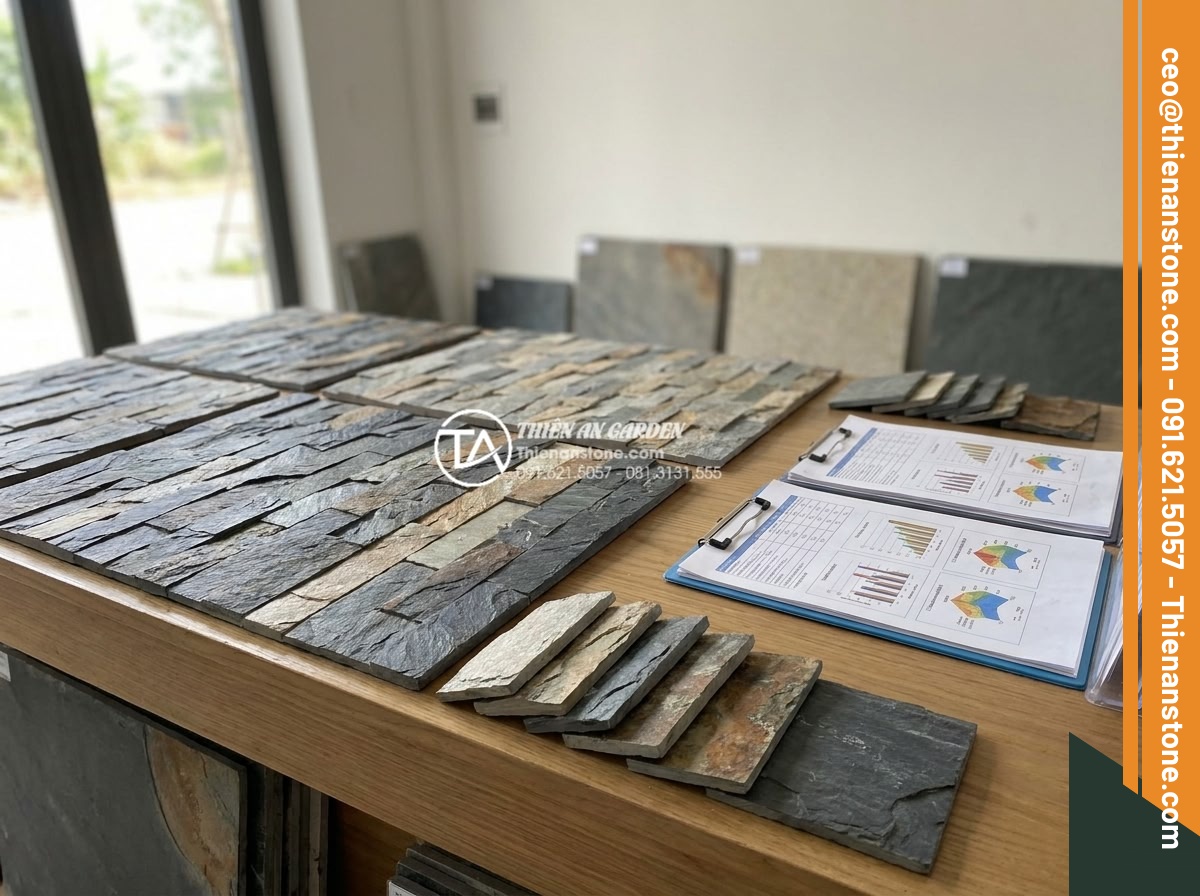Top 7 lỗi thường gặp khi thi công ghép mòi đá và cách khắc phục triệt để - Hình 6 Top 7 lỗi thường gặp khi thi công ghép mòi đá và cách khắc phục triệt để - Professional material selection consultation scene at Đá Cảnh Thiên An showroom