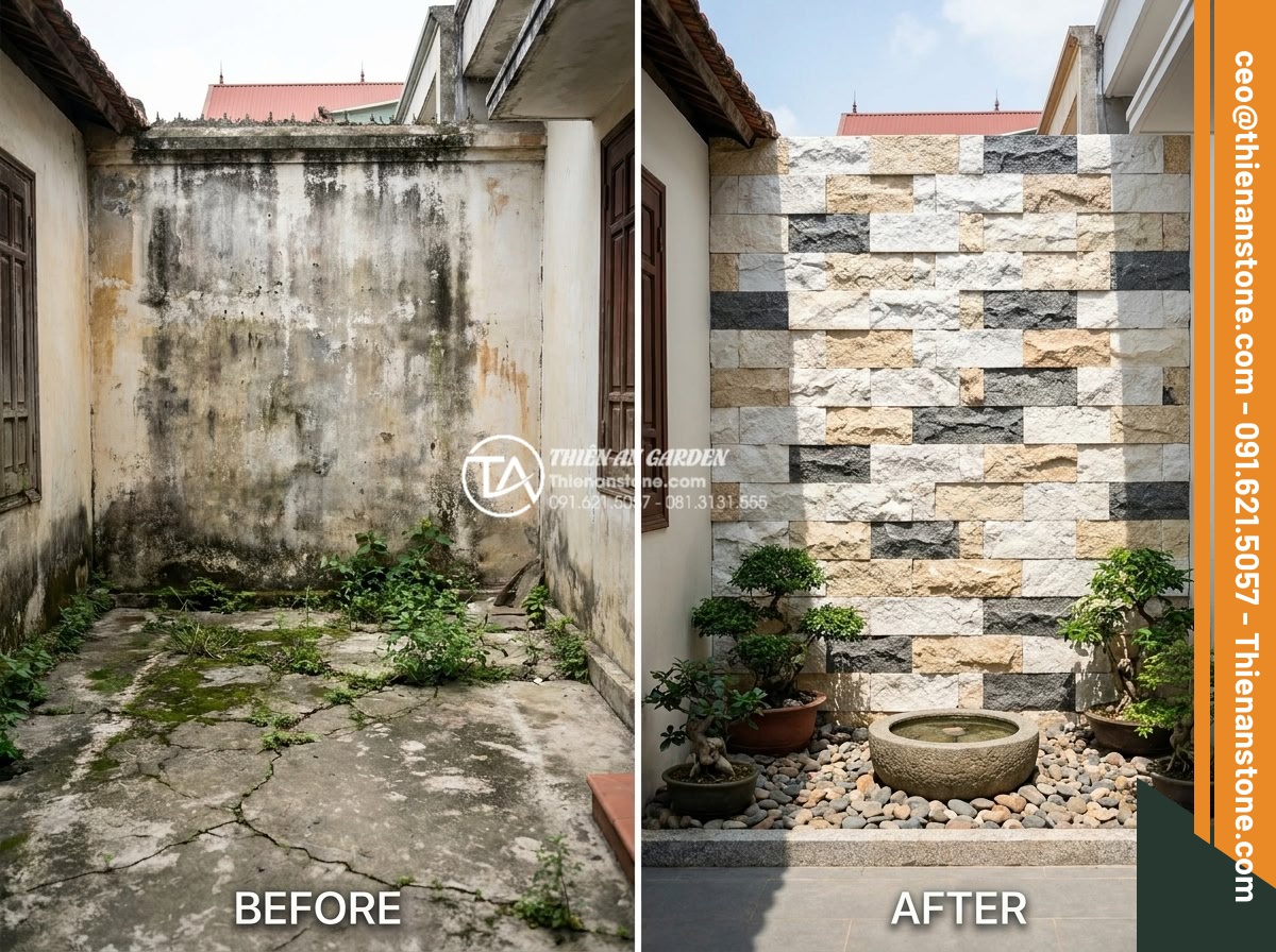 Tư vấn chọn màu đá ghép theo phong thủy rước tài lộc năm 2026 - Before and after comparison of correctly installed feng shui stone mosaic courty