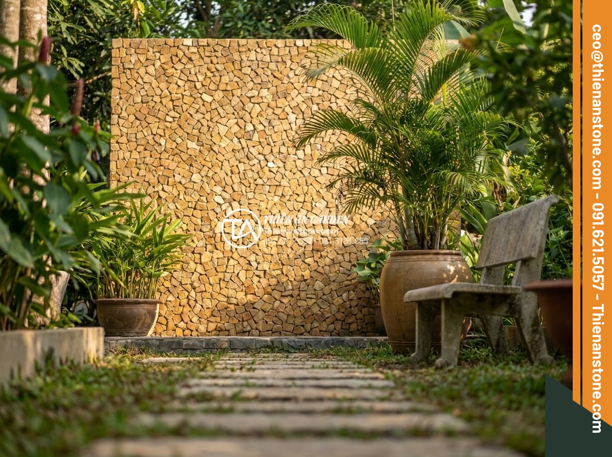 Tư vấn chọn màu đá ghép theo phong thủy rước tài lộc năm 2026 - Real customer success story photo of completed golden stone mosaic garden projec