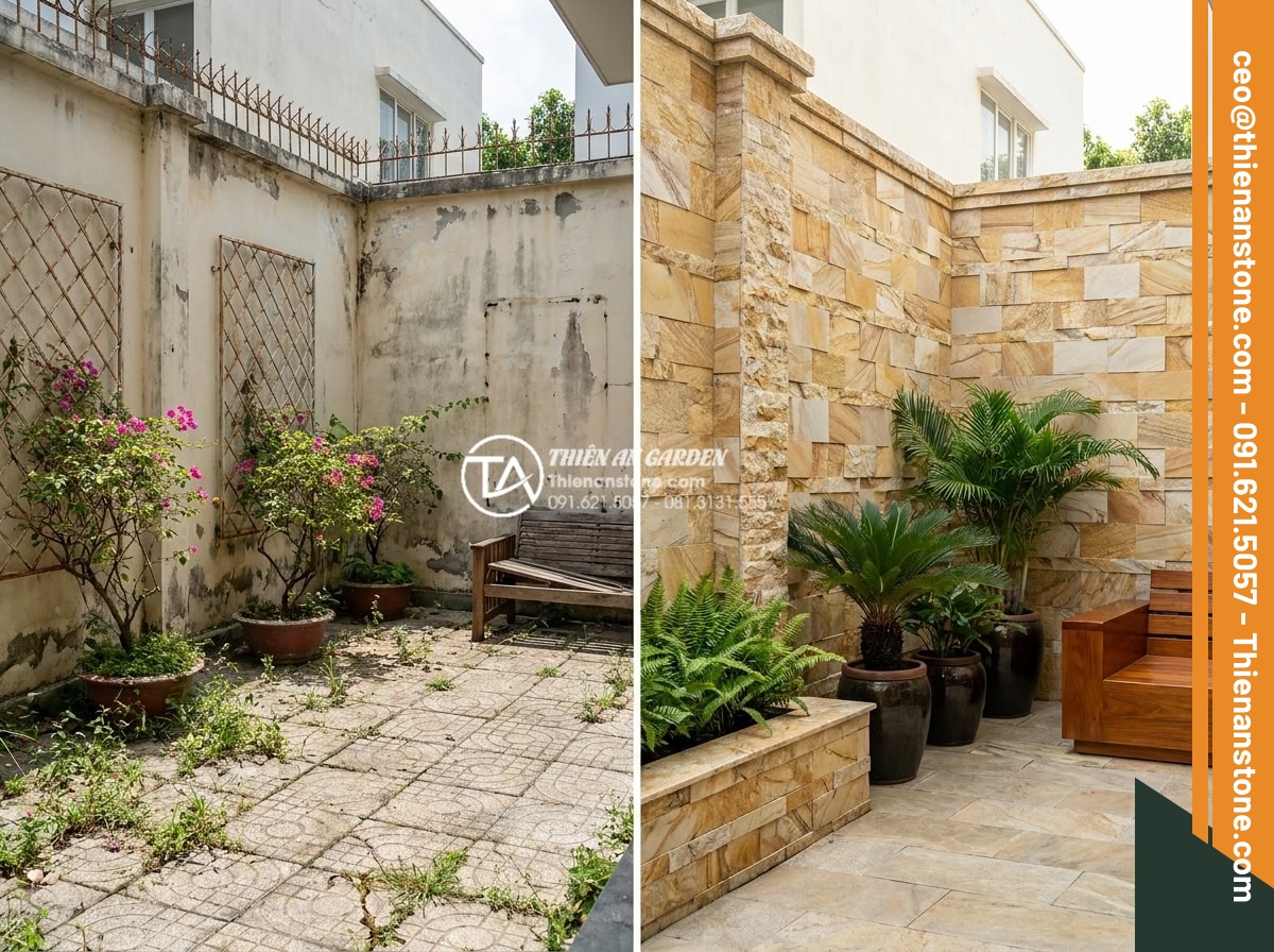 Tư vấn chọn màu đá ghép theo phong thủy rước tài lộc năm 2026 - Before and after photos of transformed villa courtyard using black and gold mosa