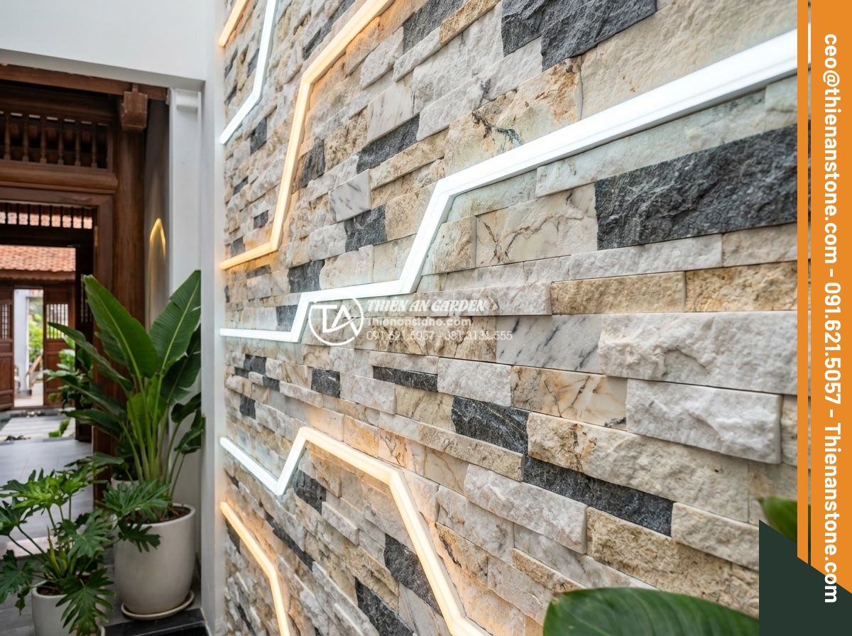Tư vấn chọn màu đá ghép theo phong thủy rước tài lộc năm 2026 - Futuristic 2026 trends in feng shui stone mosaic design with modern lighting and