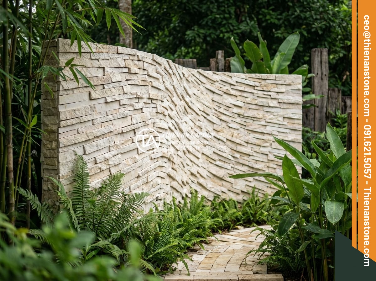 Tư vấn chọn màu đá ghép theo phong thủy rước tài lộc năm 2026 - Innovative stone mosaic art installation in contemporary garden setting for upco