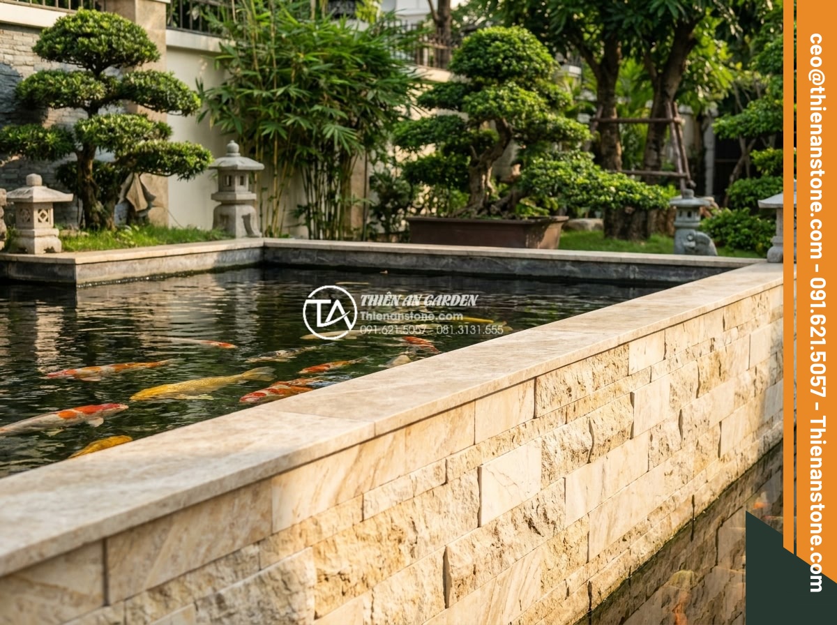 Tư vấn chọn màu đá ghép theo phong thủy rước tài lộc năm 2026 - Elegant golden stone mosaic tiles installed around luxury Koi pond for wealth an