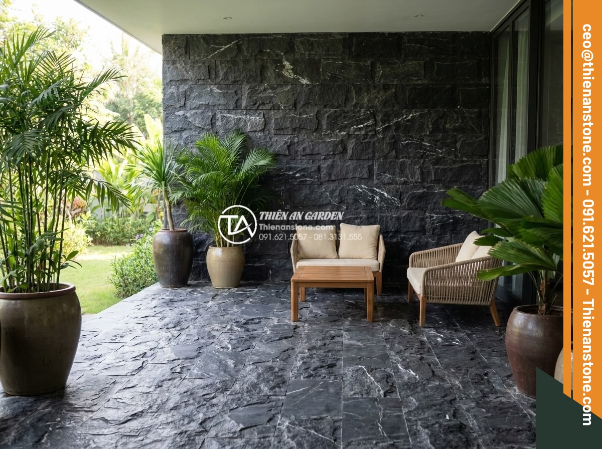 Tư vấn chọn màu đá ghép theo phong thủy rước tài lộc năm 2026 - Modern villa terrace decorated with golden mosaic stone flooring and walls enhan