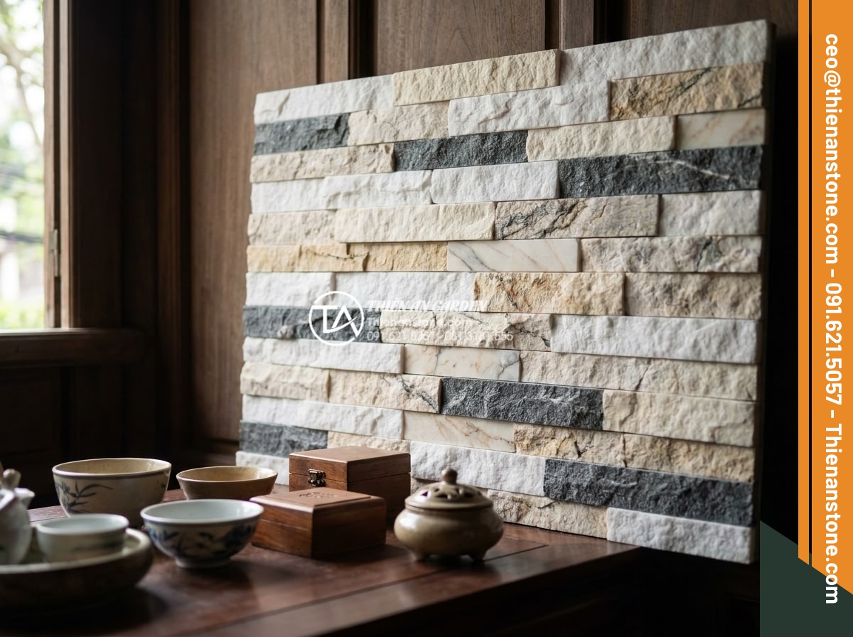 Tư vấn chọn màu đá ghép theo phong thủy rước tài lộc năm 2026 - Variety of natural stone mosaic colors including gold black brown and gray arran