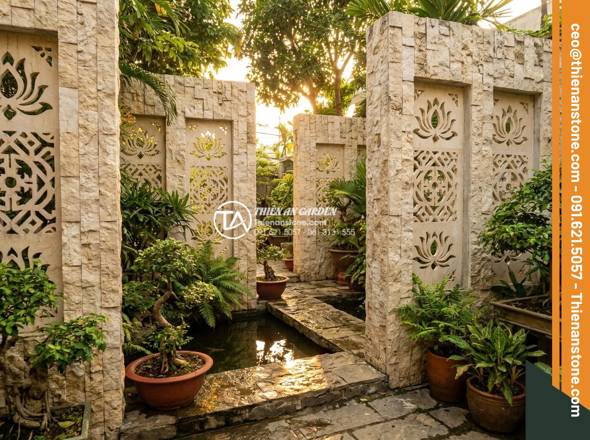 Ứng dụng đá ghép vàng trong thi công trụ cổng và vách ngăn tiểu cảnh - Hình 10 Ứng dụng đá ghép vàng trong thi công trụ cổng và vách ngăn tiểu cảnh - Creative view of golden mosaic stone screen walls dividing a small garden scene