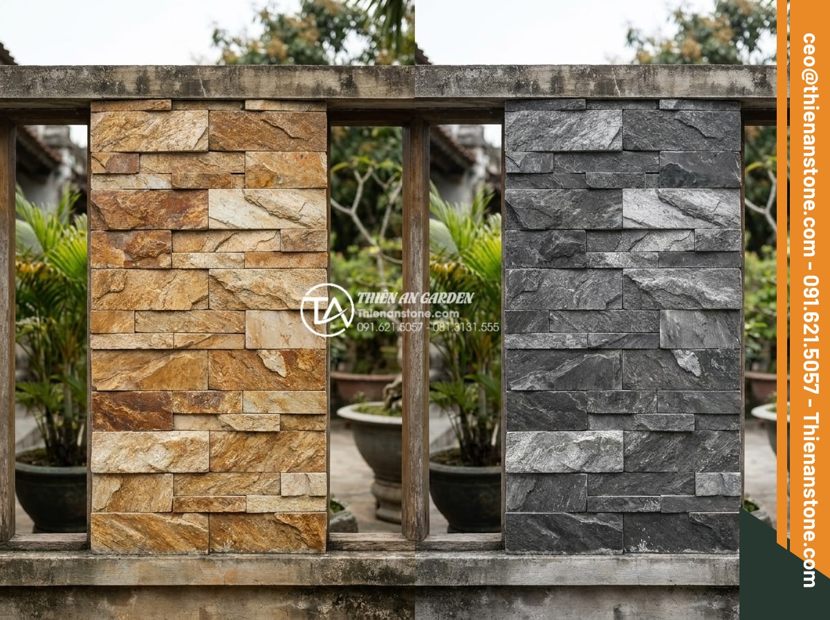 Ứng dụng đá ghép vàng trong thi công trụ cổng và vách ngăn tiểu cảnh - Hình 17 Ứng dụng đá ghép vàng trong thi công trụ cổng và vách ngăn tiểu cảnh - Side-by-side comparison photos of golden mosaic stone versus black and grey mosa