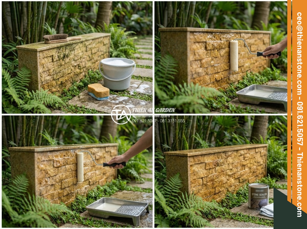 Ứng dụng đá ghép vàng trong thi công trụ cổng và vách ngăn tiểu cảnh - Hình 19 Ứng dụng đá ghép vàng trong thi công trụ cổng và vách ngăn tiểu cảnh - Maintenance process demonstration for golden mosaic stone structures with cleani