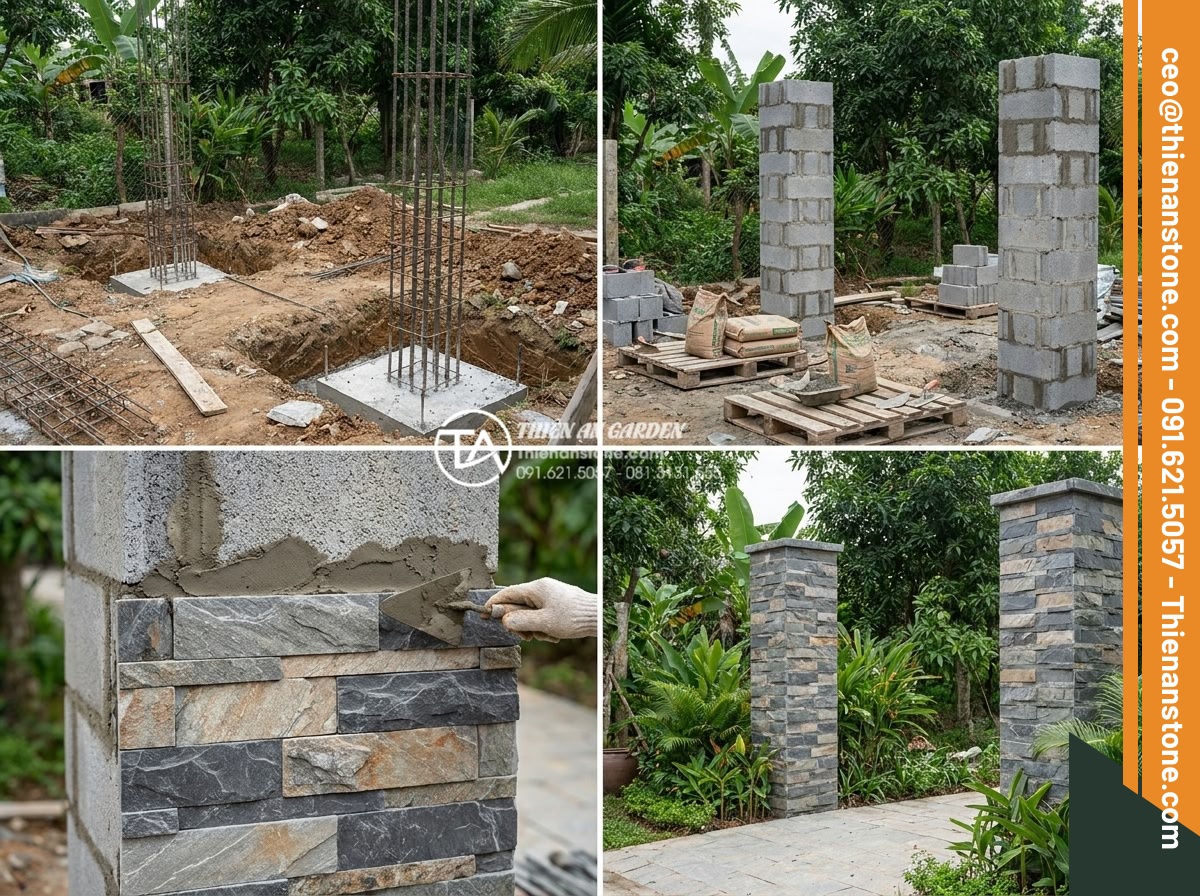 Ứng dụng đá ghép vàng trong thi công trụ cổng và vách ngăn tiểu cảnh - Hình 7 Ứng dụng đá ghép vàng trong thi công trụ cổng và vách ngăn tiểu cảnh - Step-by-step construction process of golden mosaic stone gate pillars with worke