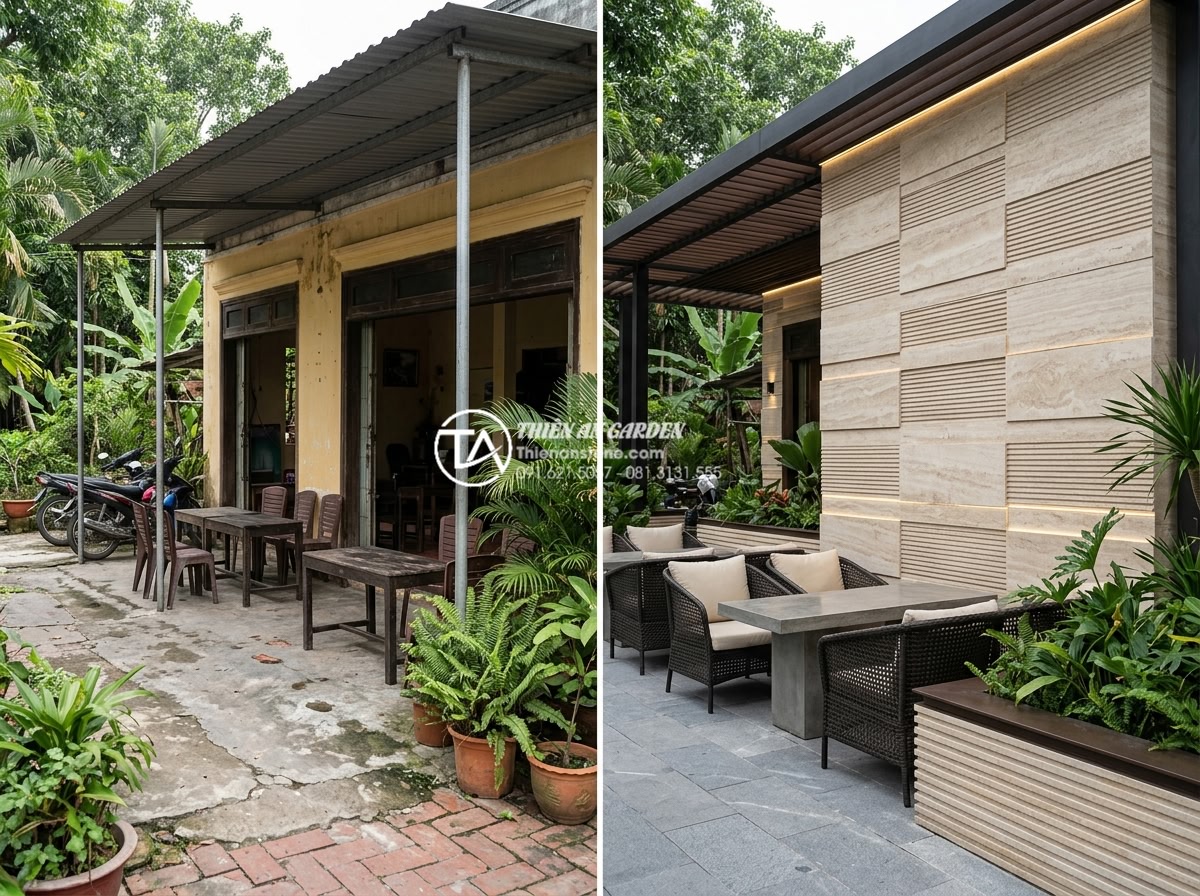 Xu hướng sử dụng đá răng lược trong thiết kế quán cafe sân vườn 2026 - Before and after comparison images of garden cafe transformation using da rang l