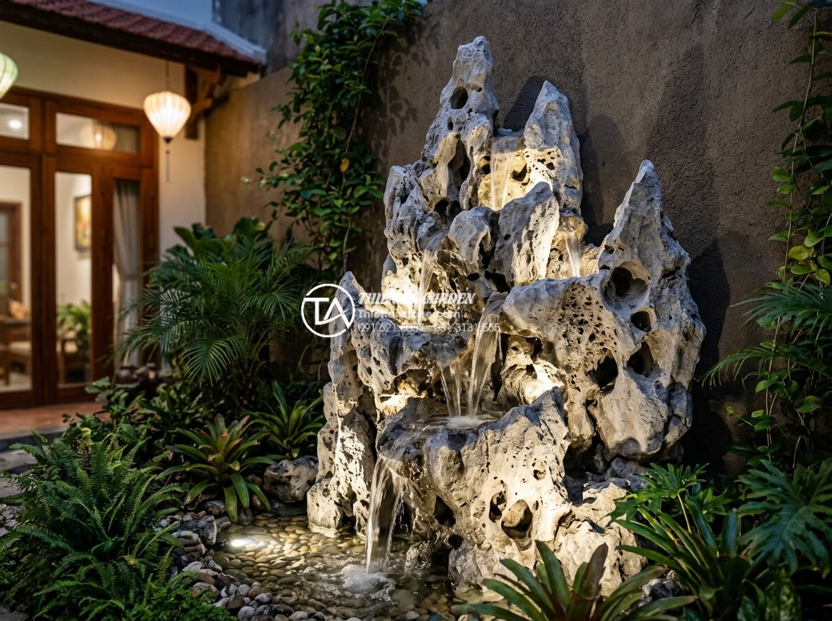 Ý tưởng thiết kế thác nước từ đá tai mèo cho sân vườn diện tích nhỏ - Hình 10 Ý tưởng thiết kế thác nước từ đá tai mèo cho sân vườn diện tích nhỏ - Luxurious 5-tier cat ear stone waterfall in limited backyard space, illuminated