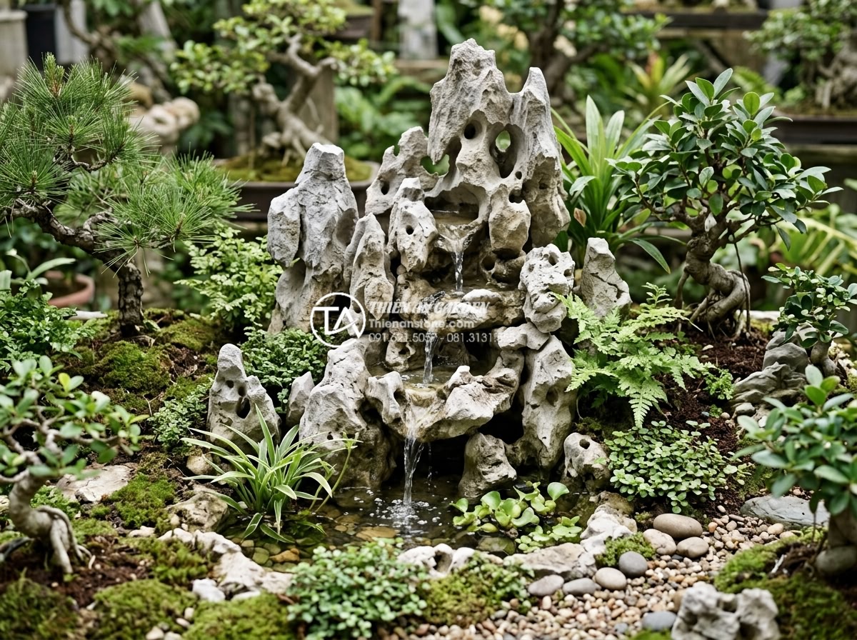 Ý tưởng thiết kế thác nước từ đá tai mèo cho sân vườn diện tích nhỏ - Hình 16 Ý tưởng thiết kế thác nước từ đá tai mèo cho sân vườn diện tích nhỏ - Scale model showing properly sized waterfall using cat ear stones fitted perfect