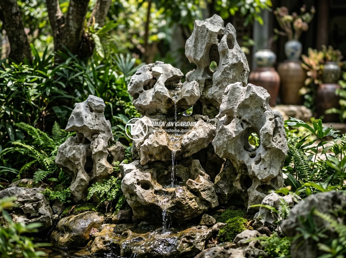 Ý tưởng thiết kế thác nước từ đá tai mèo cho sân vườn diện tích nhỏ - Hình 4 Ý tưởng thiết kế thác nước từ đá tai mèo cho sân vườn diện tích nhỏ - Professional photograph of multiple cat ear stones arranged in a cascading water