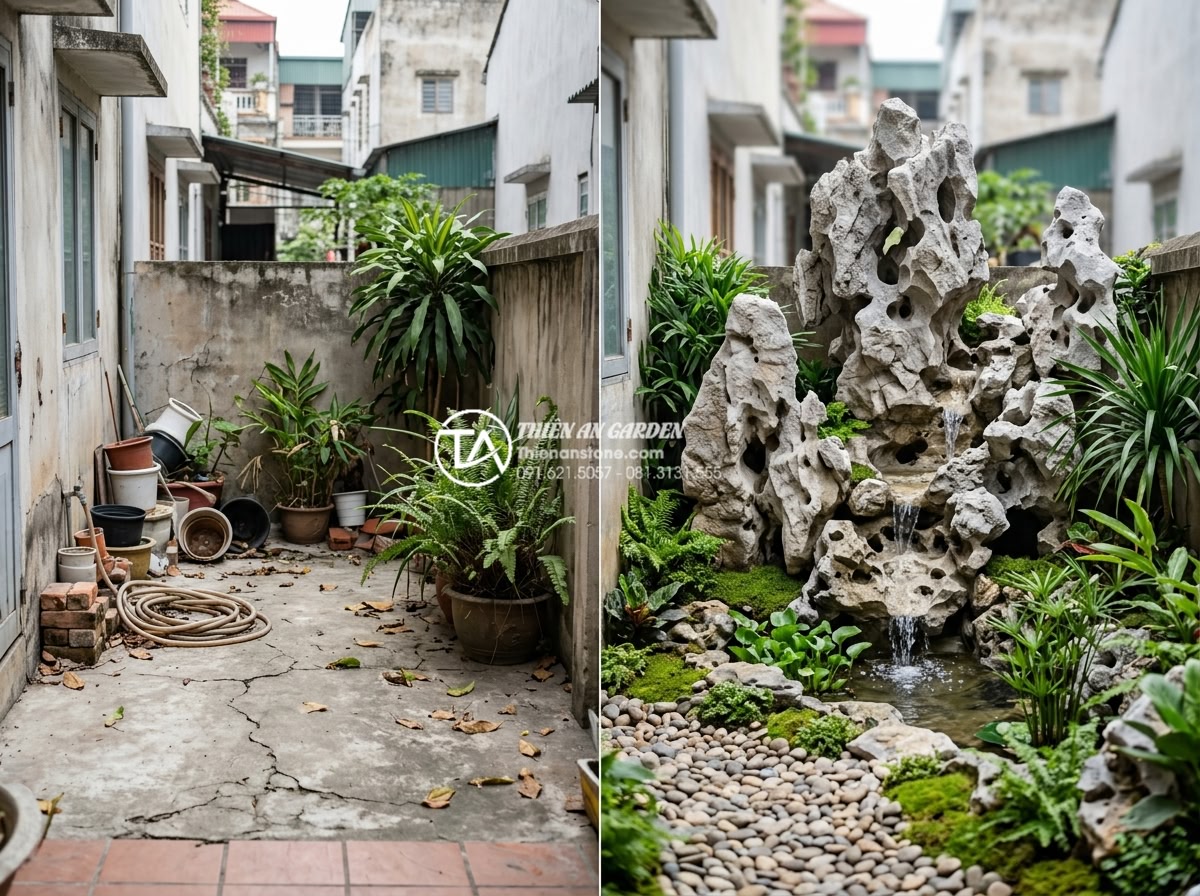 Ý tưởng thiết kế thác nước từ đá tai mèo cho sân vườn diện tích nhỏ - Hình 6 Ý tưởng thiết kế thác nước từ đá tai mèo cho sân vườn diện tích nhỏ - Before and after comparison image of a small urban garden transformed by install