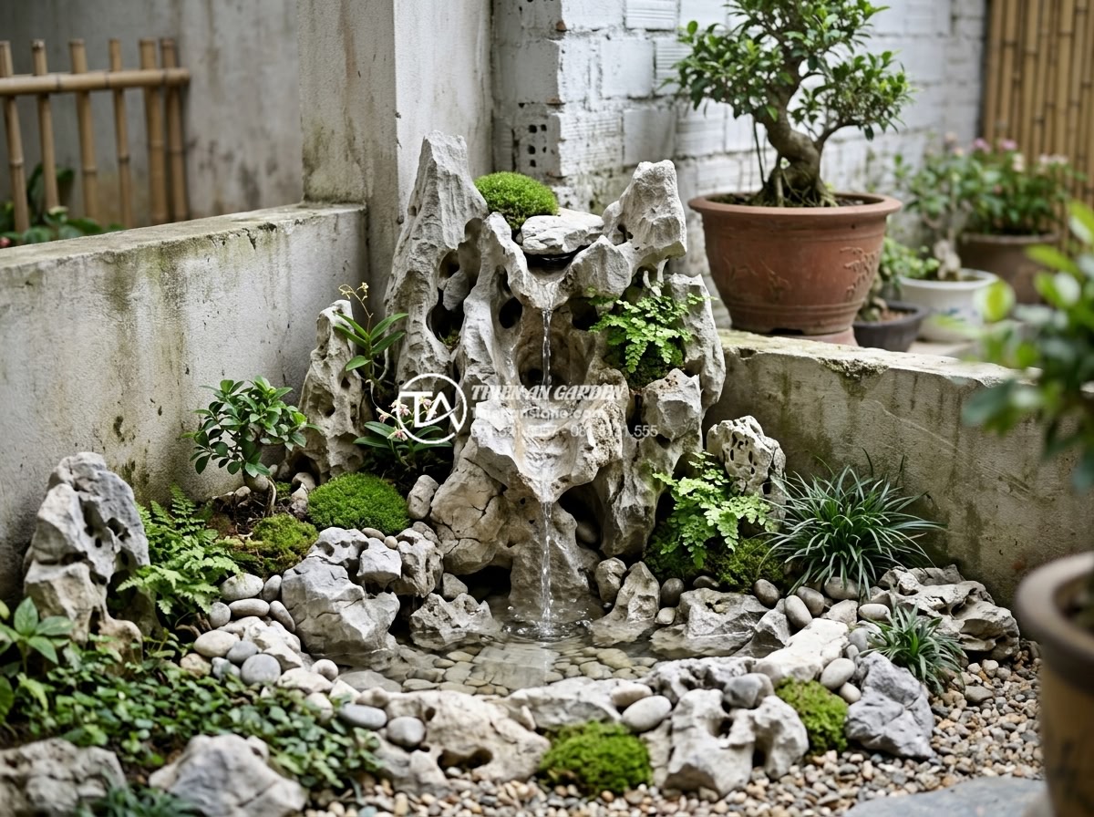 Ý tưởng thiết kế thác nước từ đá tai mèo cho sân vườn diện tích nhỏ - Hình 7 Ý tưởng thiết kế thác nước từ đá tai mèo cho sân vườn diện tích nhỏ - Creative small garden waterfall design idea using cat ear stones in a single tie