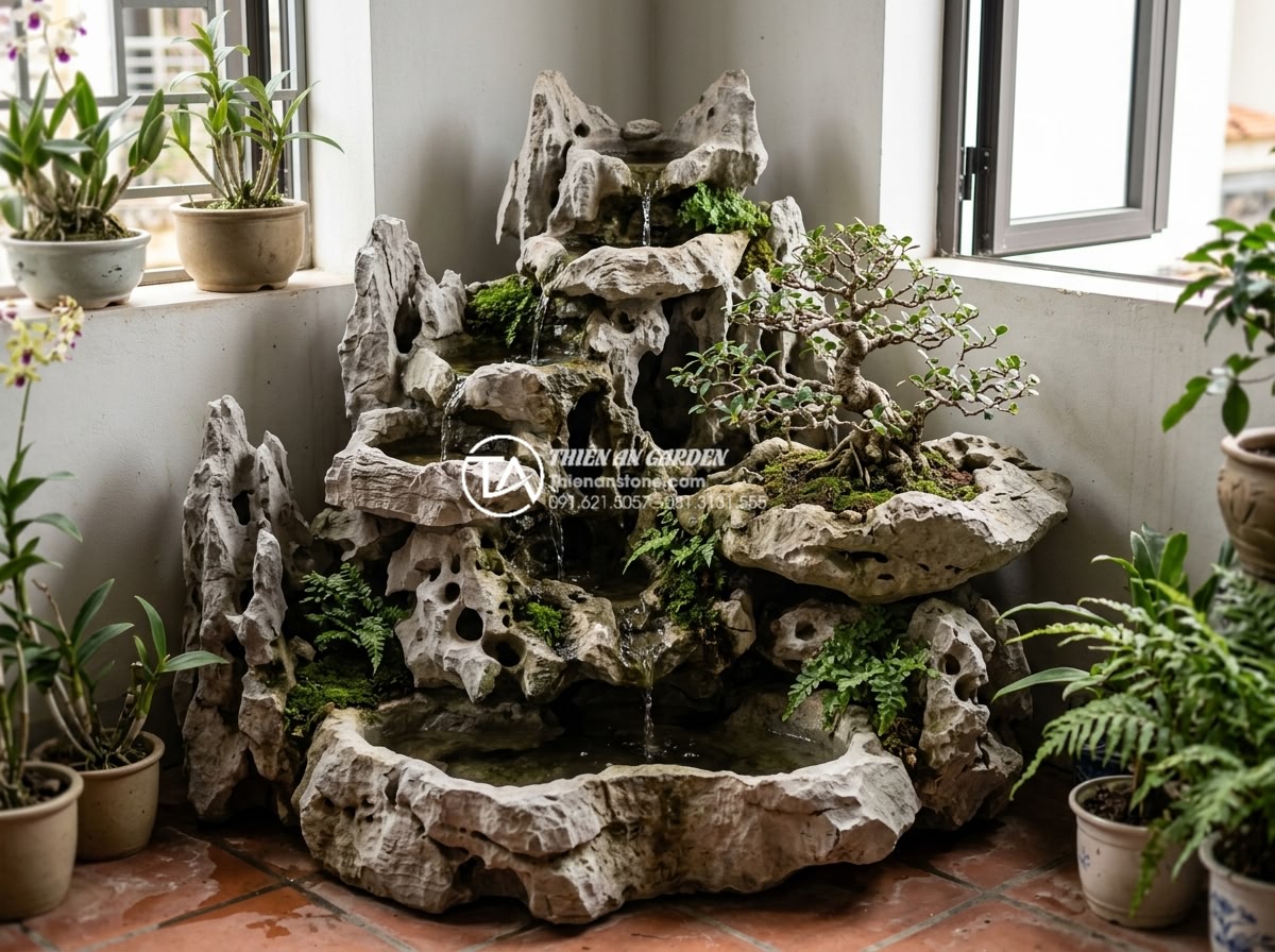 Ý tưởng thiết kế thác nước từ đá tai mèo cho sân vườn diện tích nhỏ - Hình 8 Ý tưởng thiết kế thác nước từ đá tai mèo cho sân vườn diện tích nhỏ - Innovative corner garden waterfall concept featuring layered cat ear stones inte