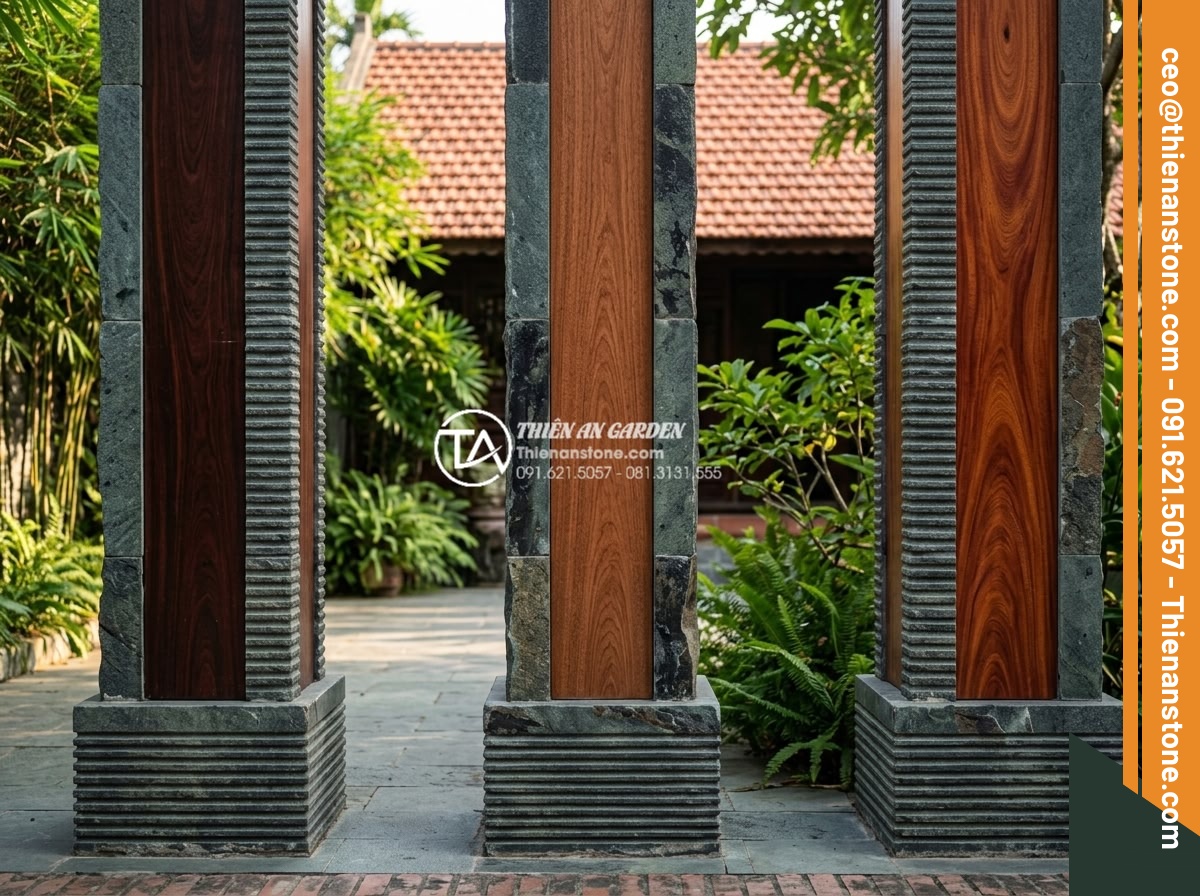 Ý tưởng trang trí trụ cổng bằng đá răng lược đen kết hợp gỗ tự nhiên - Comparison of different natural wood types paired with black comb tooth stone sa