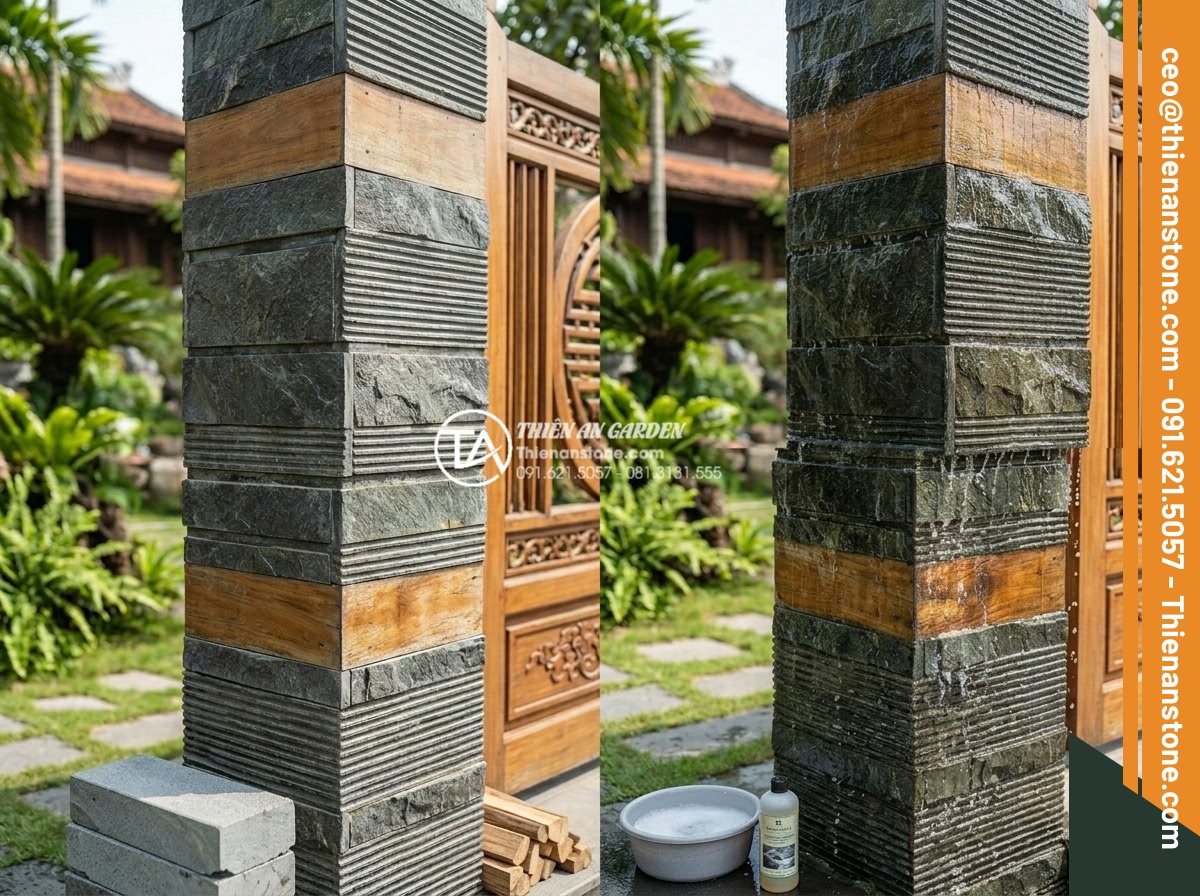Ý tưởng trang trí trụ cổng bằng đá răng lược đen kết hợp gỗ tự nhiên - Maintenance guide illustration for black serrated stone and natural wood gate pi