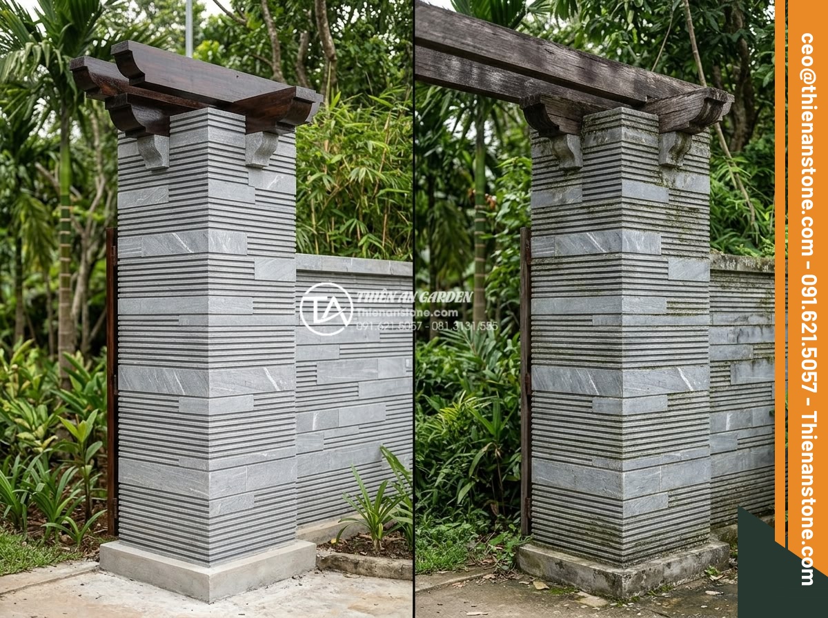 Ý tưởng trang trí trụ cổng bằng đá răng lược đen kết hợp gỗ tự nhiên - Before and after photos of maintained stone wood gate pillar after several years