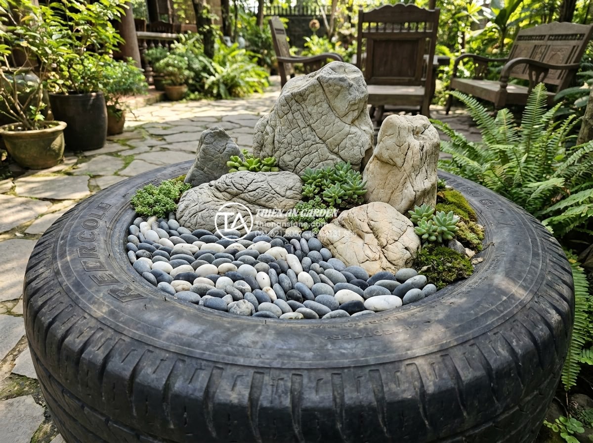 10 Ý tưởng tiểu cảnh khô sáng tạo từ vật liệu tái chế và đá tự nhiên - Hình 1 10 Ý tưởng tiểu cảnh khô sáng tạo từ vật liệu tái chế và đá tự nhiên - Realistic professional photograph of a large recycled black car tire transformed