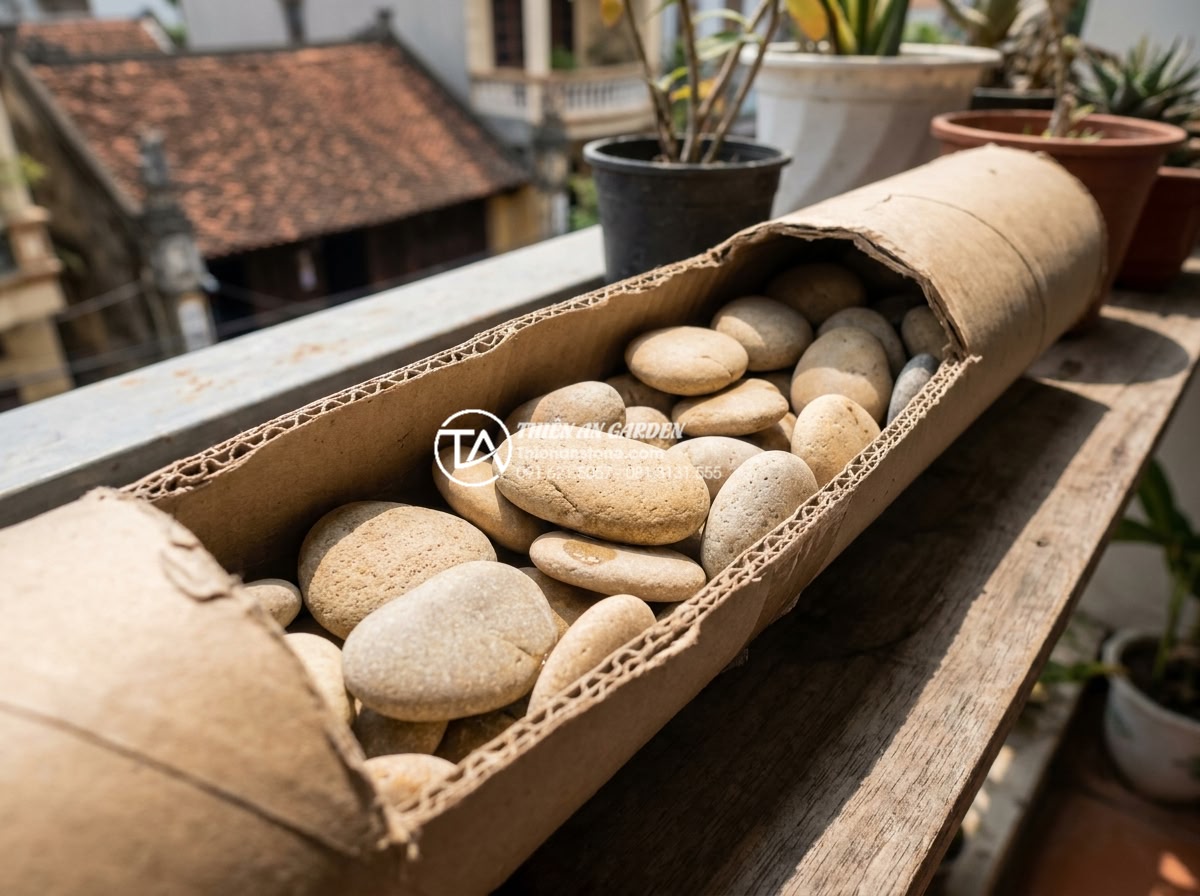 10 Ý tưởng tiểu cảnh khô sáng tạo từ vật liệu tái chế và đá tự nhiên - Hình 14 10 Ý tưởng tiểu cảnh khô sáng tạo từ vật liệu tái chế và đá tự nhiên - Creative close-up of cardboard tube dry garden with natural stones, showing pape