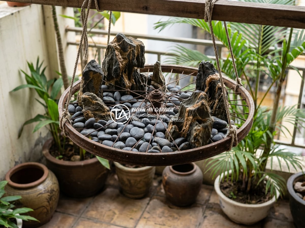 10 Ý tưởng tiểu cảnh khô sáng tạo từ vật liệu tái chế và đá tự nhiên - Hình 17 10 Ý tưởng tiểu cảnh khô sáng tạo từ vật liệu tái chế và đá tự nhiên - Urban artistic dry garden using recycled bicycle wheel as frame, filled with nat