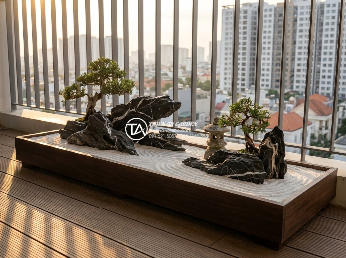 15+ Mẫu tiểu cảnh khô ban công chung cư biến góc nhỏ thành nơi thư giãn - Realistic high-resolution photograph of a compact dry mini landscape on a modern