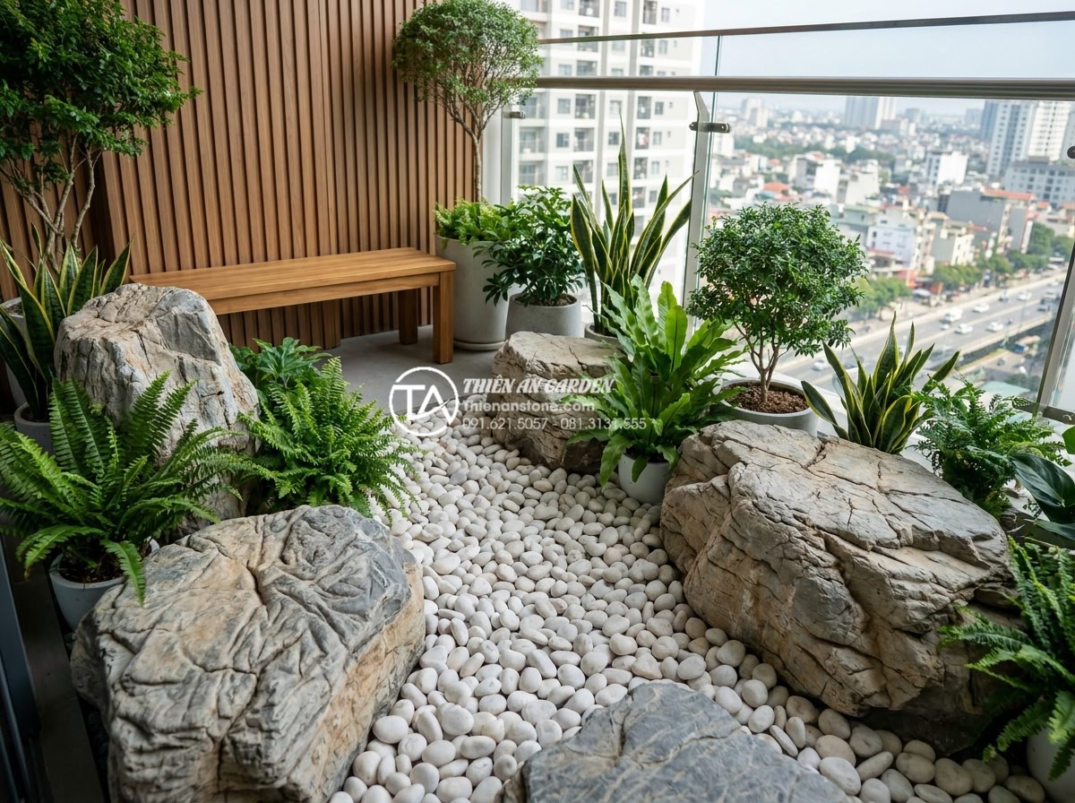 15+ Mẫu tiểu cảnh khô ban công chung cư biến góc nhỏ thành nơi thư giãn - Photorealistic image of a modern Vietnamese apartment balcony dry garden designe