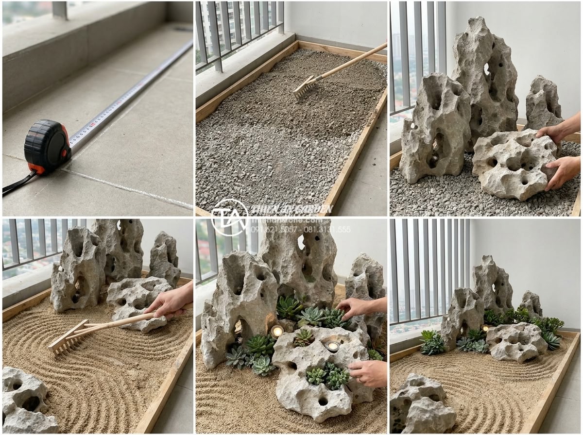 15+ Mẫu tiểu cảnh khô ban công chung cư biến góc nhỏ thành nơi thư giãn - Step-by-step construction process collage style realistic image showing professi