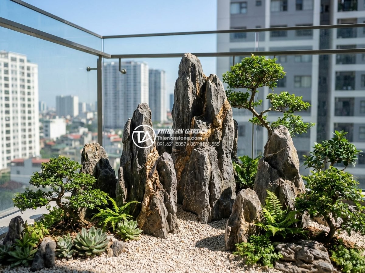 15+ Mẫu tiểu cảnh khô ban công chung cư biến góc nhỏ thành nơi thư giãn - High quality realistic photo of finished professional dry mini landscape install