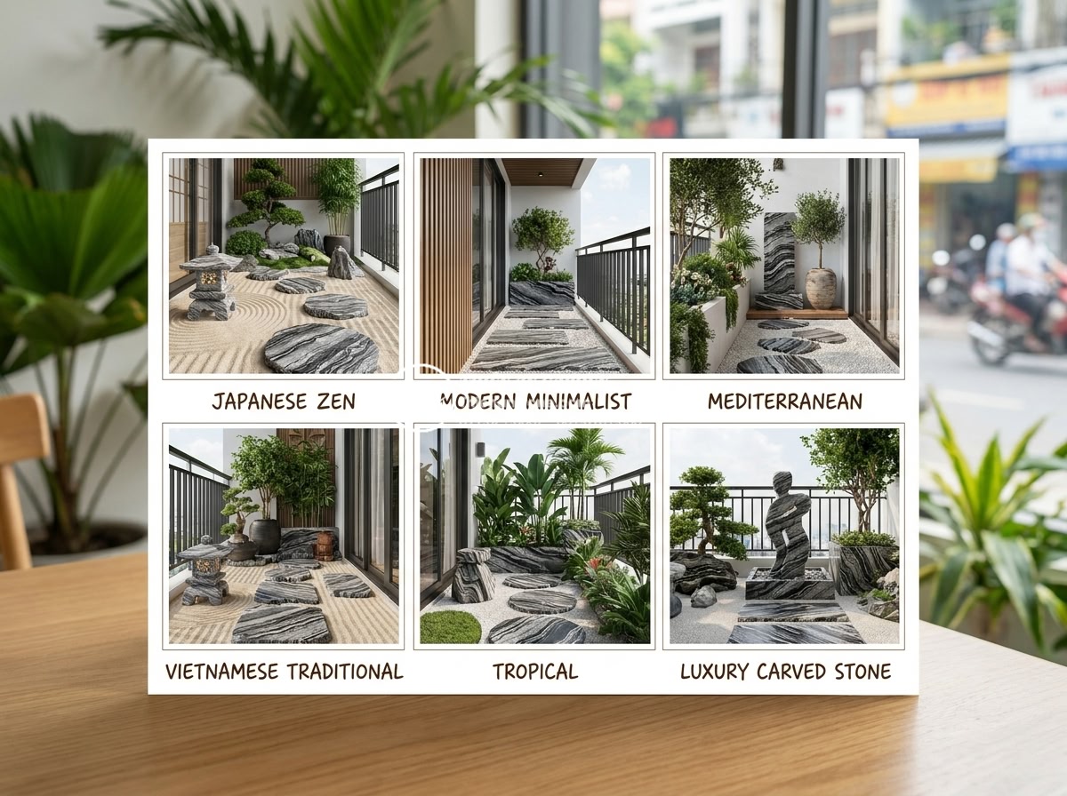 15+ Mẫu tiểu cảnh khô ban công chung cư biến góc nhỏ thành nơi thư giãn - Collage of six different dry balcony garden styles in realistic rendering: Japan