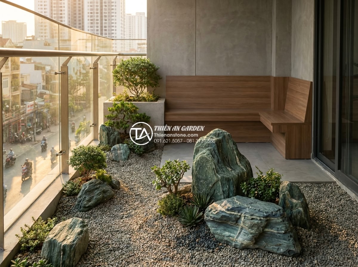 15+ Mẫu tiểu cảnh khô ban công chung cư biến góc nhỏ thành nơi thư giãn - Beautiful photorealistic image showcasing a popular modern minimalist dry garden