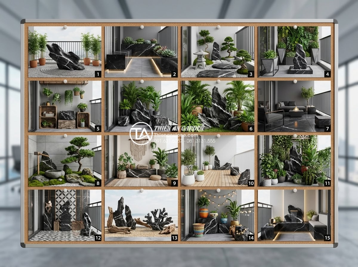15+ Mẫu tiểu cảnh khô ban công chung cư biến góc nhỏ thành nơi thư giãn - High-resolution realistic collage showing 15 different dry balcony garden design