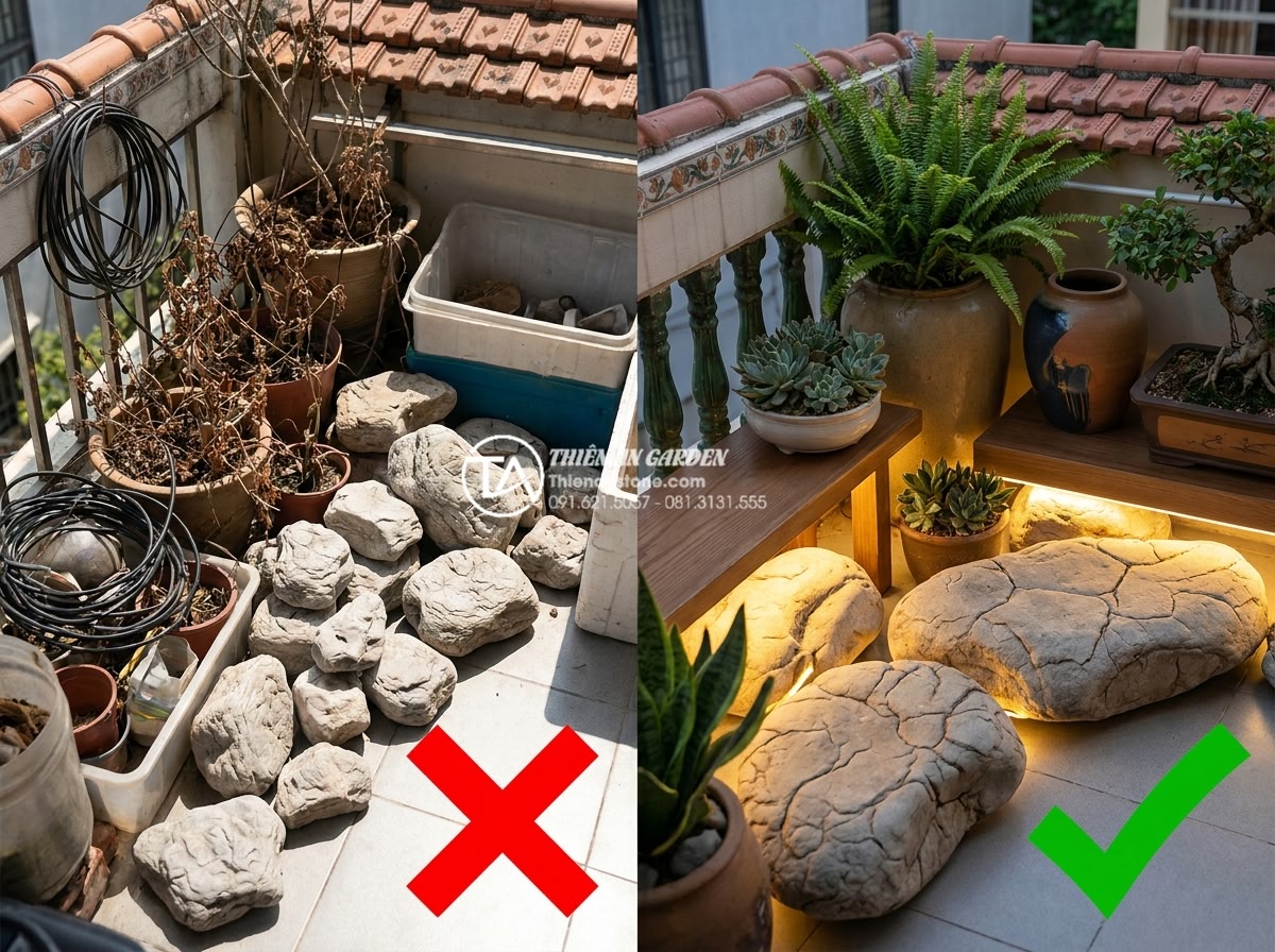 15+ Mẫu tiểu cảnh khô ban công chung cư biến góc nhỏ thành nơi thư giãn - Before and after realistic comparison image of common mistakes in DIY dry balcon