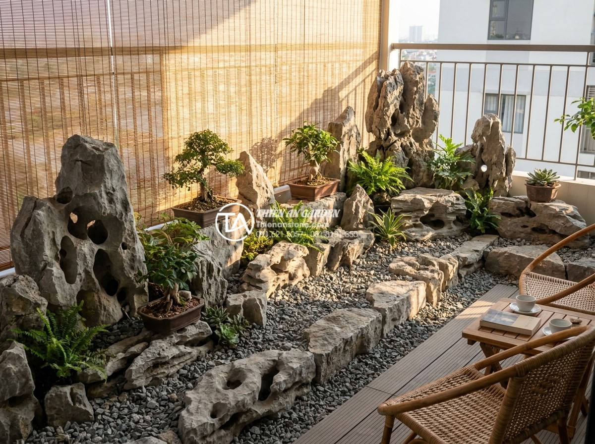 15+ Mẫu tiểu cảnh khô ban công chung cư biến góc nhỏ thành nơi thư giãn - Professional realistic photo of a perfectly executed dry stone garden on apartme