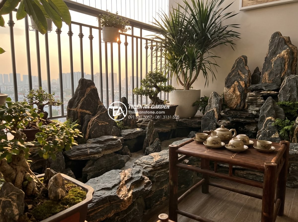 15+ Mẫu tiểu cảnh khô ban công chung cư biến góc nhỏ thành nơi thư giãn - Warm inviting final image of a beautifully completed dry balcony garden at sunse