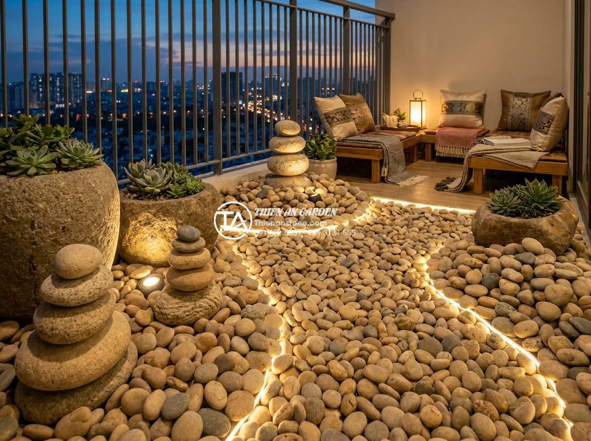 15+ Mẫu tiểu cảnh khô ban công chung cư biến góc nhỏ thành nơi thư giãn - Detailed photorealistic image of an urban balcony dry rock garden at dusk, with 