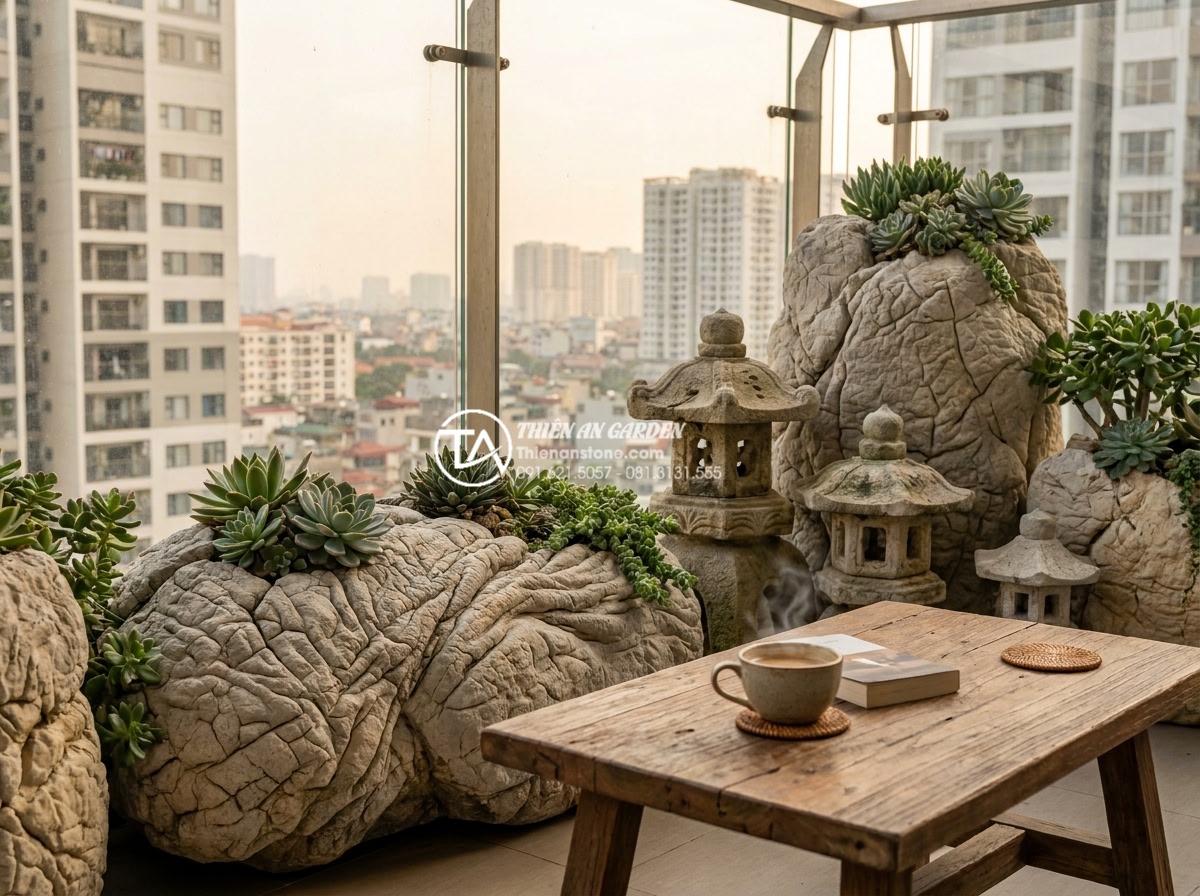 15+ Mẫu tiểu cảnh khô ban công chung cư biến góc nhỏ thành nơi thư giãn - Professional lifestyle photo of a happy Vietnamese family relaxing on a beautifu