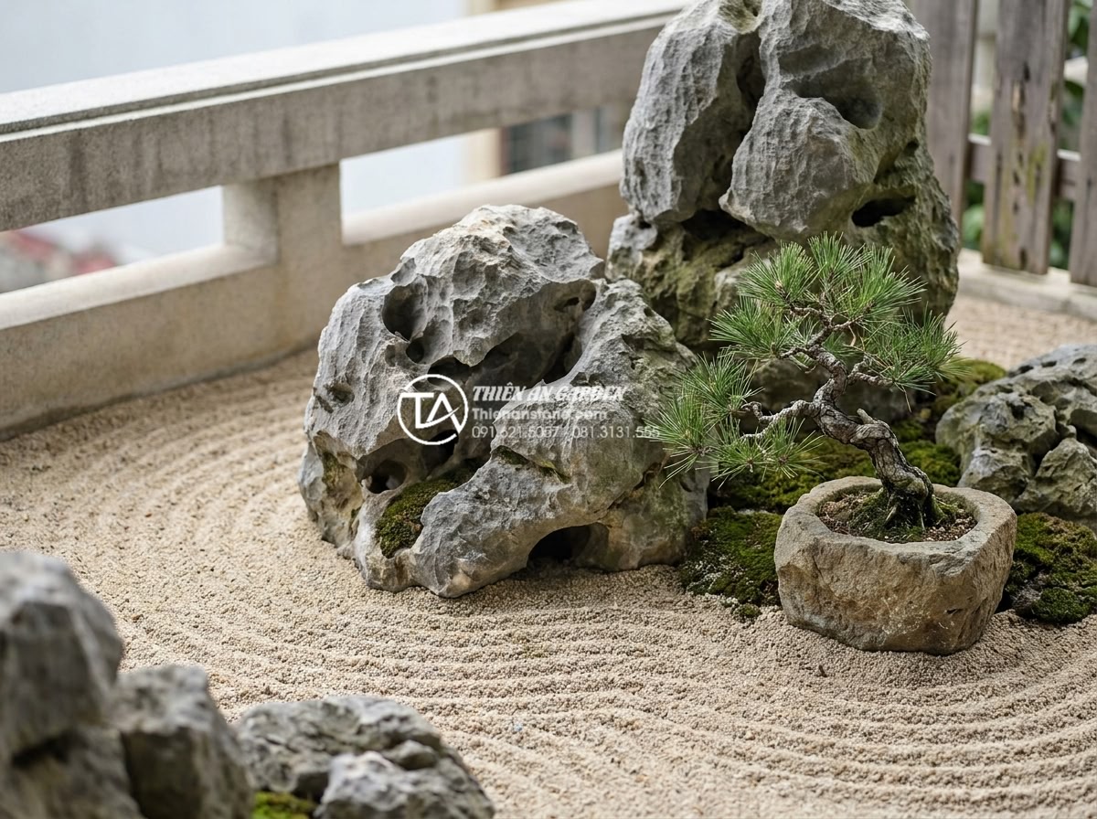 15+ Mẫu tiểu cảnh khô ban công chung cư biến góc nhỏ thành nơi thư giãn - Close-up realistic image of a dry zen garden on apartment balcony featuring perf