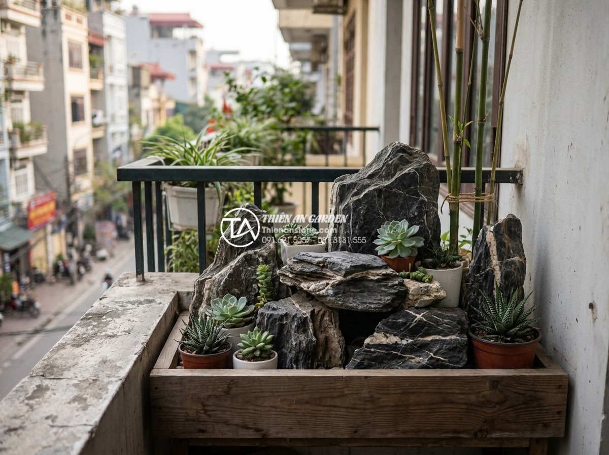 15+ Mẫu tiểu cảnh khô ban công chung cư biến góc nhỏ thành nơi thư giãn - Photorealistic image of a budget-friendly yet elegant dry mini landscape on a sm
