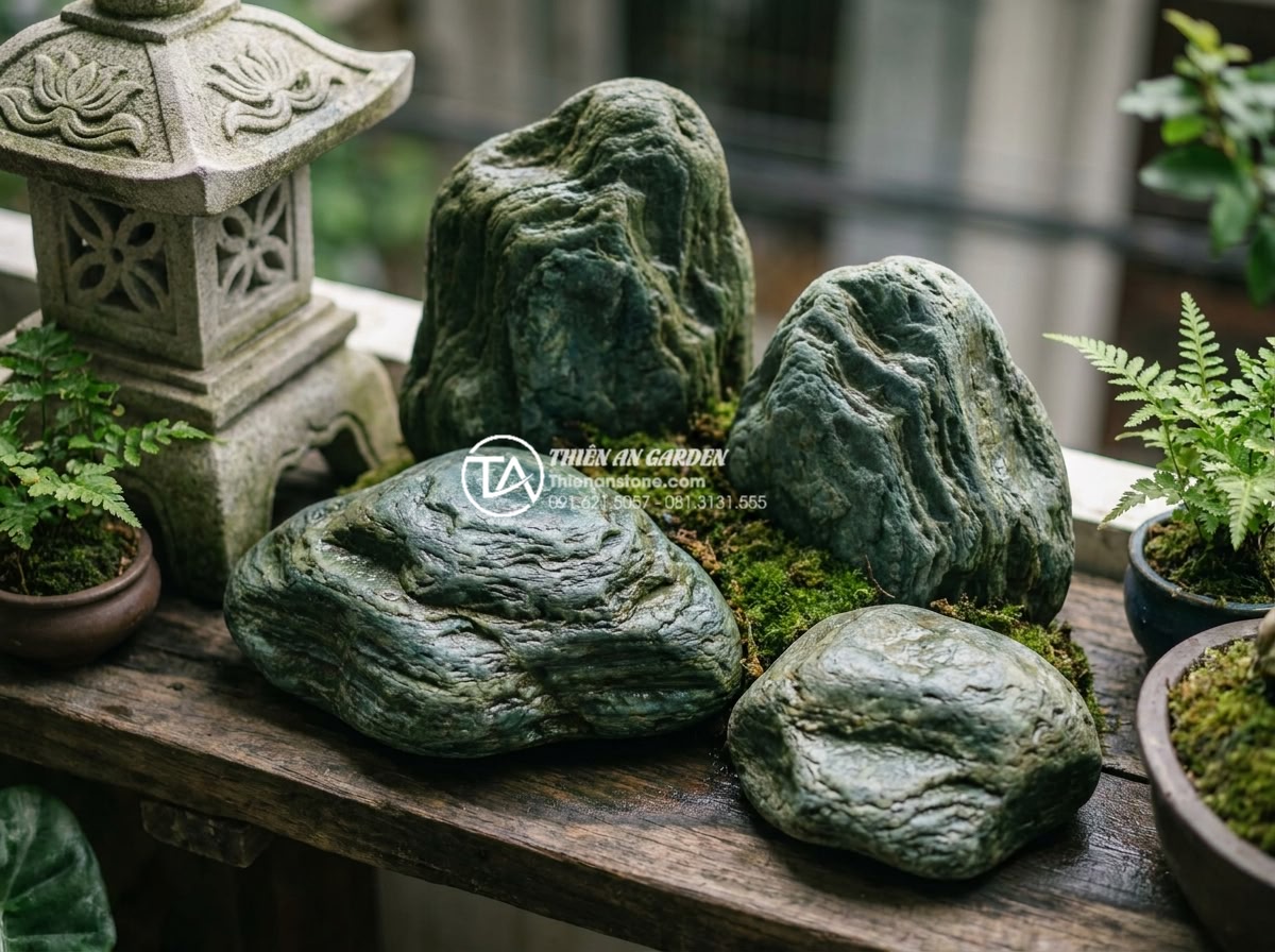 15+ Mẫu tiểu cảnh khô ban công chung cư biến góc nhỏ thành nơi thư giãn - Close-up professional photograph of premium natural stones used in dry balcony g