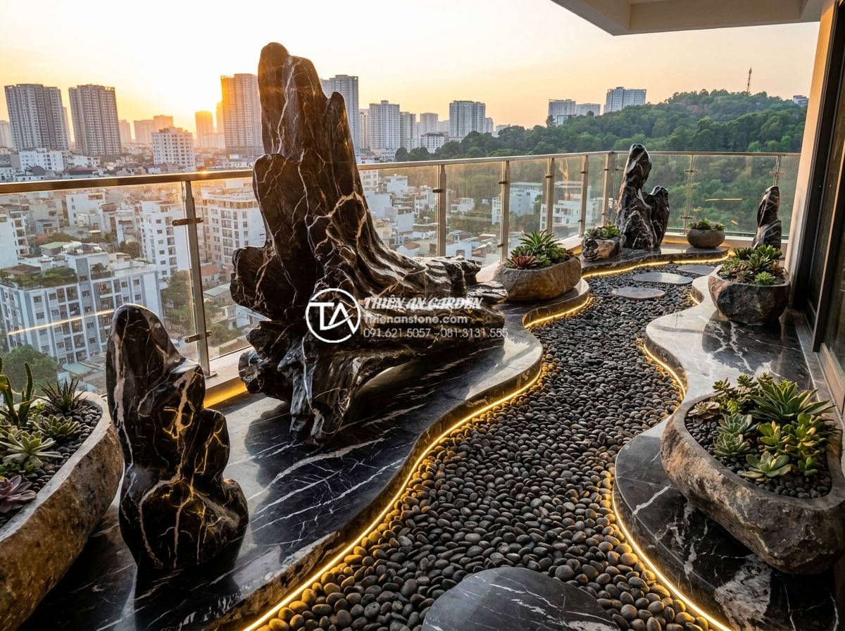15+ Mẫu tiểu cảnh khô ban công chung cư biến góc nhỏ thành nơi thư giãn - Realistic wide shot of a luxury dry landscape on luxury apartment balcony featur