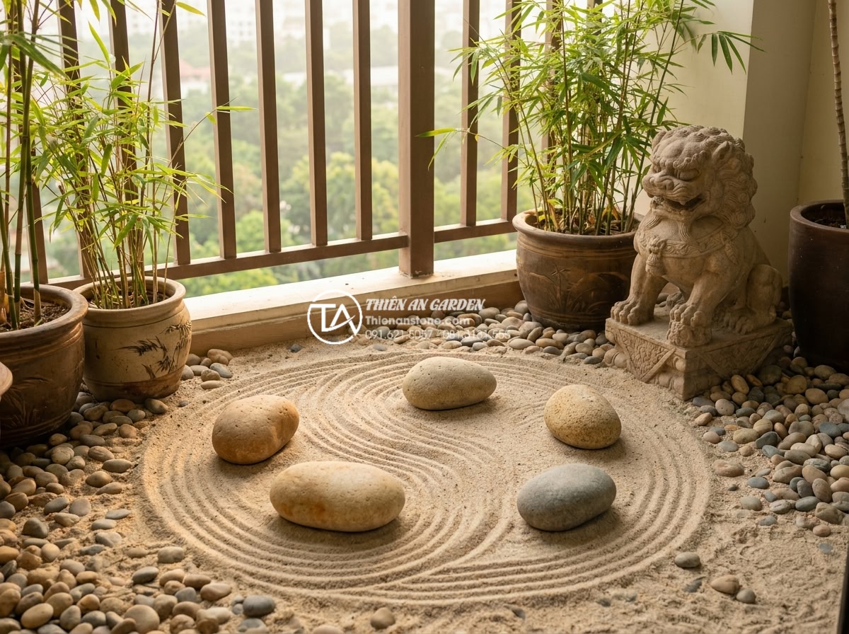 15+ Mẫu tiểu cảnh khô ban công chung cư biến góc nhỏ thành nơi thư giãn - Artistic rendering of a feng shui inspired dry balcony garden with perfectly bal