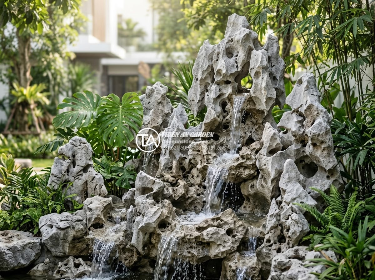 15+ Mẫu tiểu cảnh nước chảy phong thủy rước tài lộc vào nhà năm 2026 - Luxurious natural stone waterfall feature in a modern Vietnamese villa garden 20