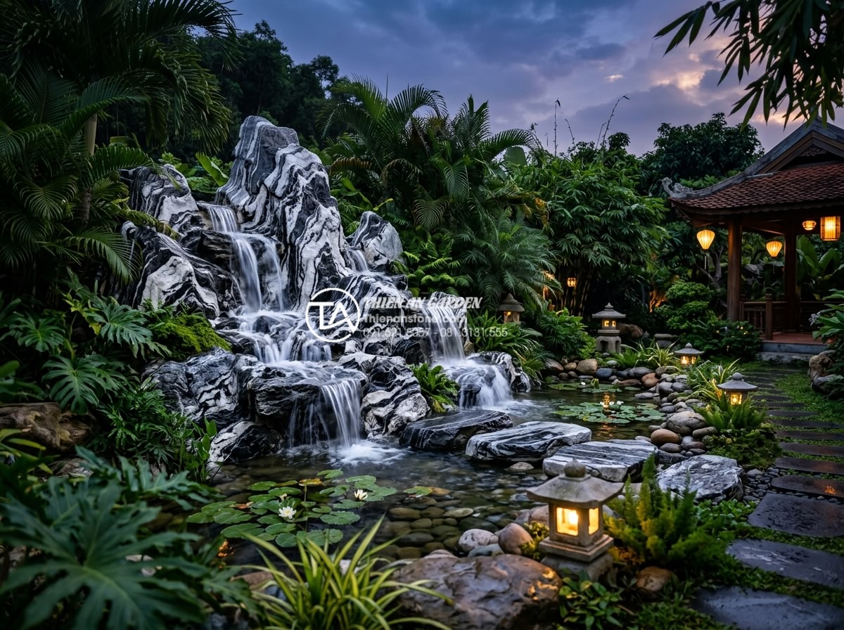 15+ Mẫu tiểu cảnh nước chảy phong thủy rước tài lộc vào nhà năm 2026 - High-end natural granite stone waterfall cascading in a luxurious resort garden 