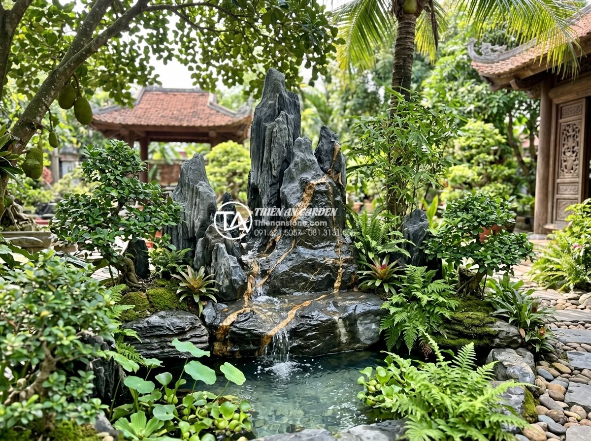 15+ Mẫu tiểu cảnh nước chảy phong thủy rước tài lộc vào nhà năm 2026 - Well-maintained natural stone water feature in beautiful Vietnamese garden after