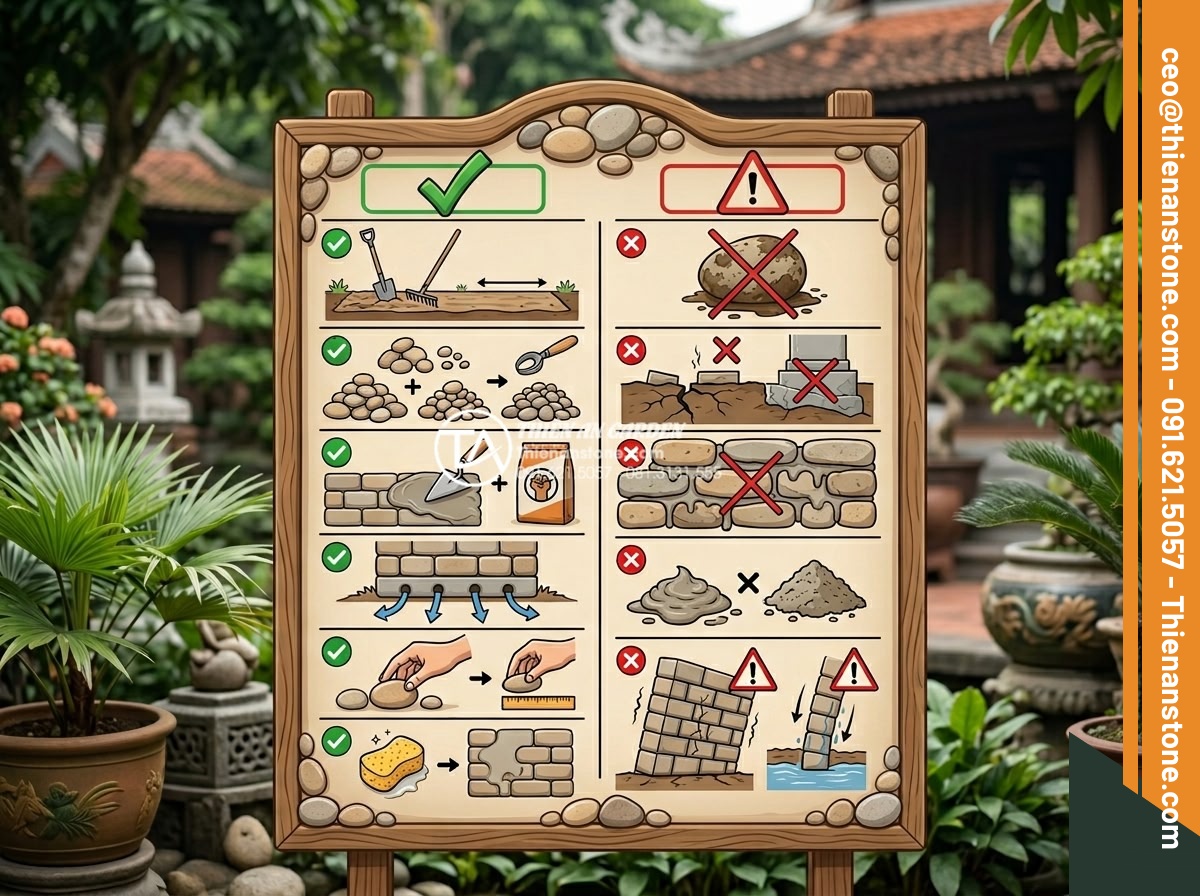 5 Sai lầm nghiêm trọng khi tự làm tiểu cảnh vách tường tại nhà - Checklist infographic with key tips and warnings for DIY wall landscape installa