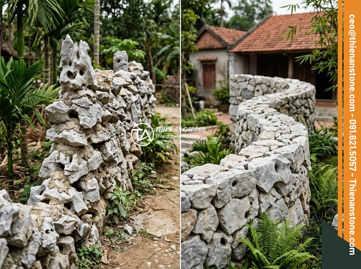5 Sai lầm nghiêm trọng khi tự làm tiểu cảnh vách tường tại nhà - Side-by-side comparison photo of amateur DIY stone wall versus professionally cr